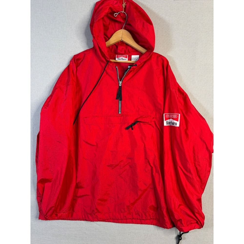 Vintage Marlboro Unlimited Red Nylon Anorak Windbreaker Jacket Men XL Fanny Pack
